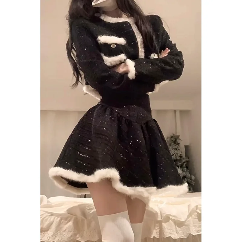 Hikigawa Chic Fashion Sweet Women Knitted Jacket+Slim All Match Fluffy Patchwork Mini Skirts Early Autumn New 2 Set Ropa Mujer