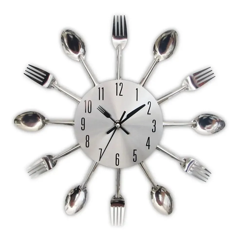 Reloj  Pared 3D con Diseño  Cuchara y Tenedor, Decoración Morna para el Hogar, Reloj Metálico Creativo, Silencioso y Decor