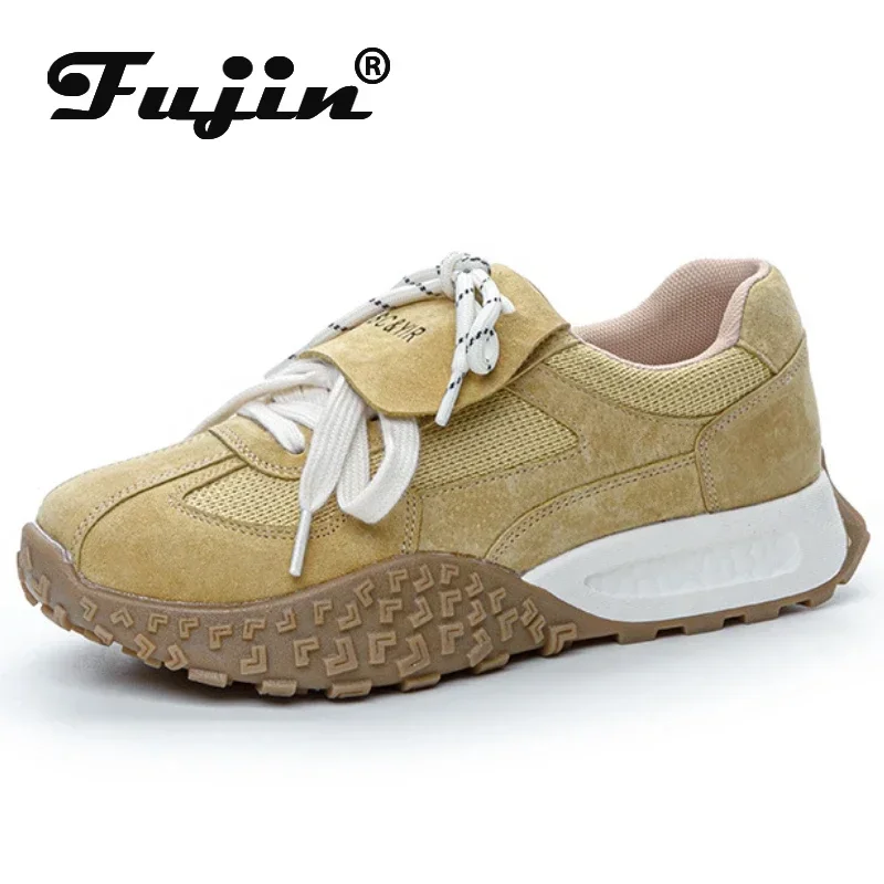 Fujin 4cm  Air Mesh Leather Pigskin Women Ankle Fashion Vulcanize Chunky Sneaker Comfy Flats Booties Mixed Color Summer Shoes