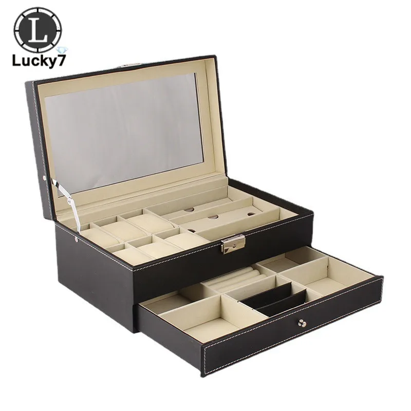 Watch Glasses Double Jewelry Box Open Window With Drawer Storage Box Cover Clear Glass Leather Jewelry Box for Jewelry Organizer