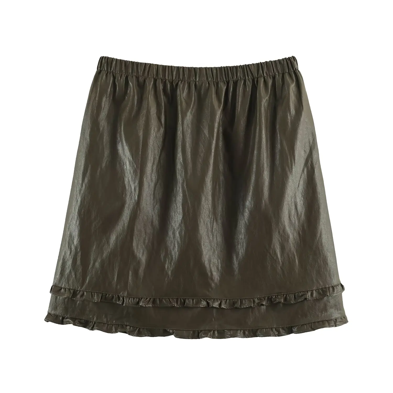 Faux PU Leather A-line Women's Mini Skirt Autumn Winter Double Ruffle Hem Casual Short Skirts American Style Elastic Waist Skirt