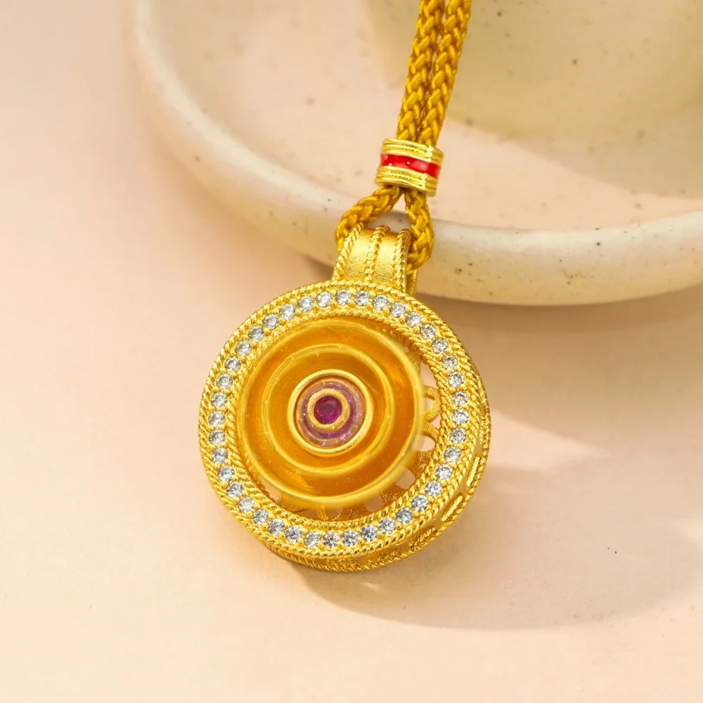 Eight Treasure Compass Pendant - Retro-style, Set with Diamonds, Rotatable Locking Chain for the Neck 9999gold