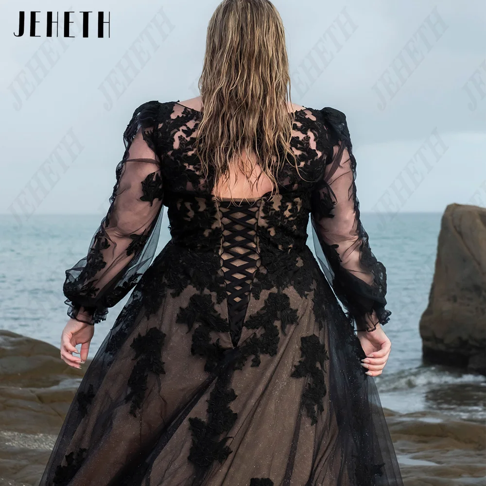 JEHETH Modern Wedding Dresses Preto Plus Size Puff mangas compridas Lace UpJEHETH Vestidos de casamento modernos Preto Plus Size Puff Mangas compridas Lace Up Vestidos de noiva A Linha Applique V-Neck vestidos de noiva