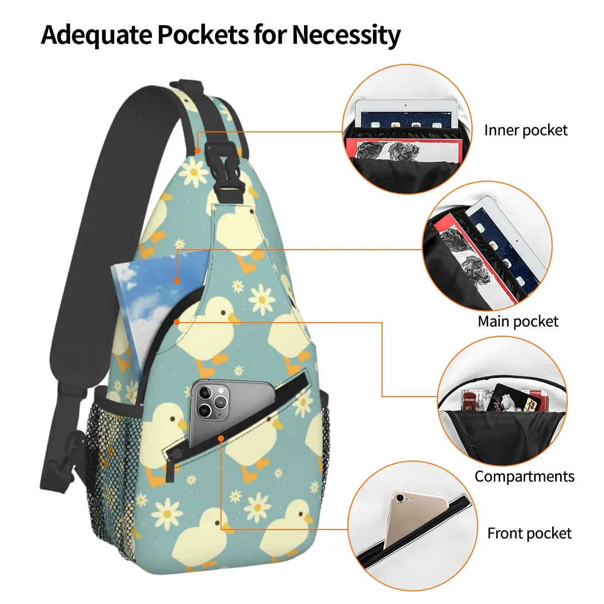 Cute Duckand Duck Flower Cartoon Pattern Chest Bag Men Sling Crossbody Backpack Chest Bag Traveling Hiking Daypack Shoulder Bag