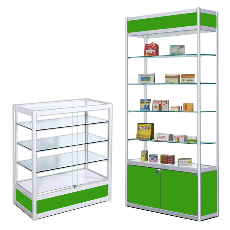 Custom.Metal Frame Green Wood Pharmacy Glass Display Counter with Storage Compartment with Lockable Door