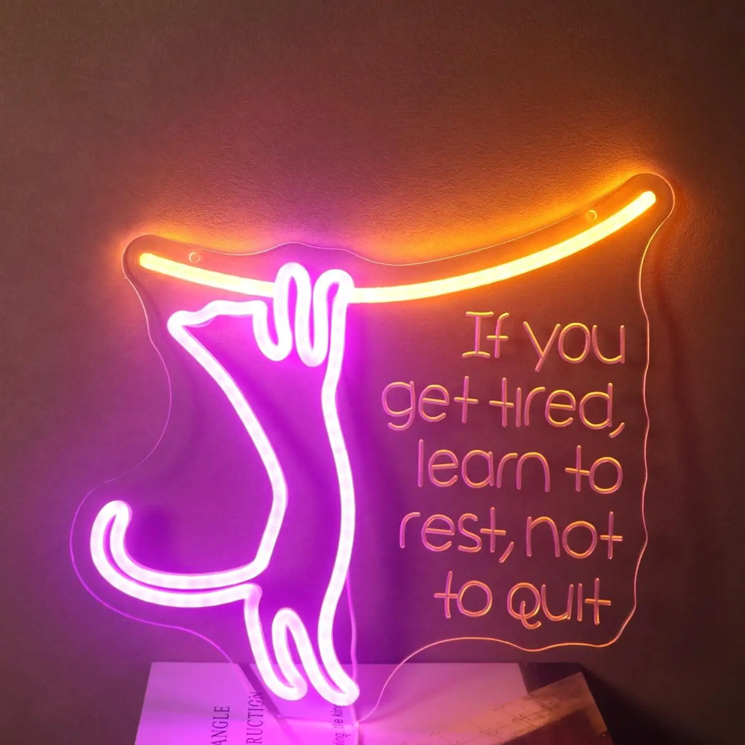 

If You Get Tired, Learn to Rest Not Quit Hanging Cat Neon Sign Motivational Cute LED Lights for Bedroom Office Study Gifts