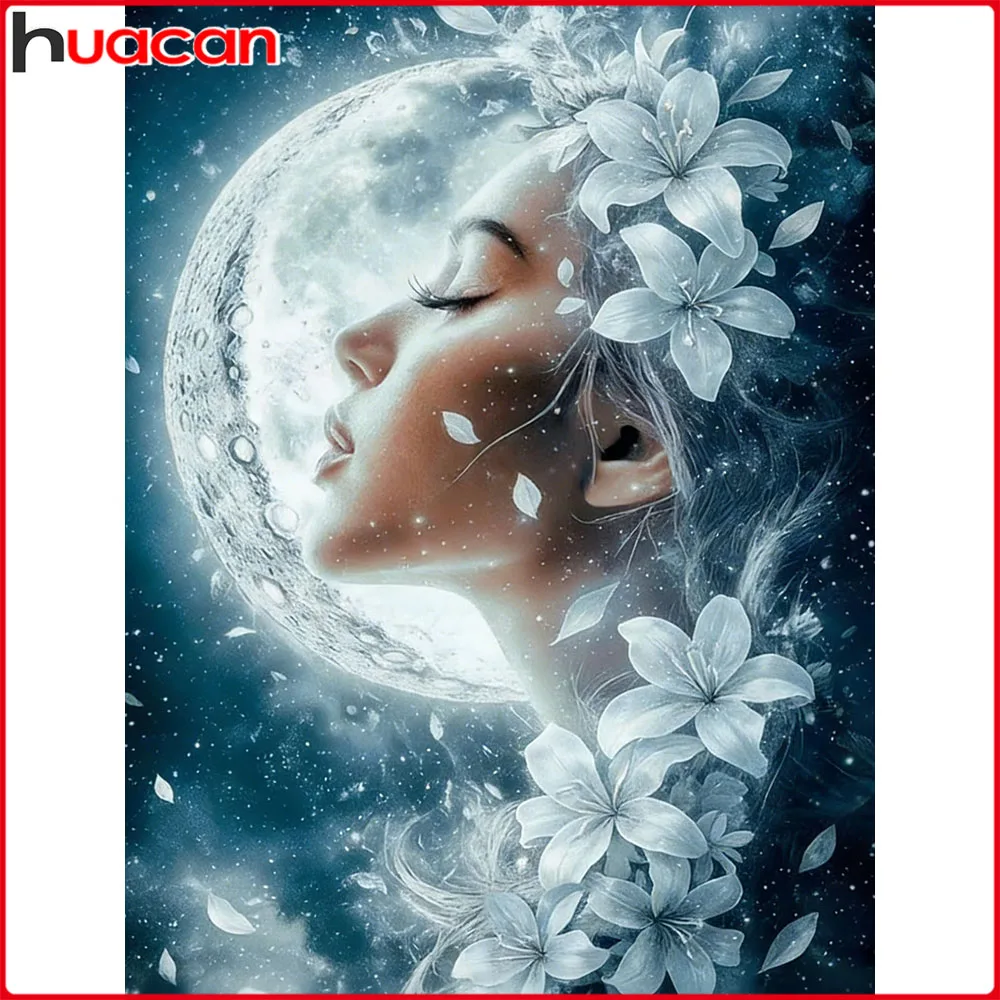 Huacan 5D DIY Diamantmalerei Frau am Mond Diamant-Stickerei Porträt-Landschafts-Set Dekorative Gemälde