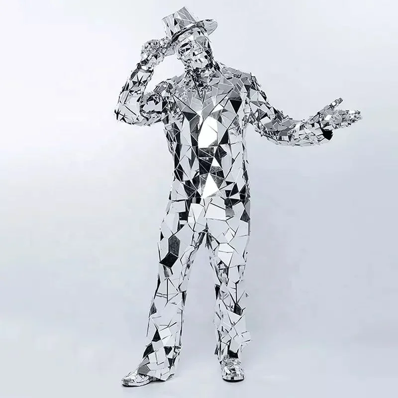 Silver Mirror Costumes Mirror Glass Man Performance Clothing  Costume Work Suits for DJ Club Party Nightclub Stage