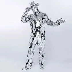 Silver Mirror Costumes Mirror Glass Man Performance Clothing  Costume Work Suits for DJ Club Party Nightclub Stage