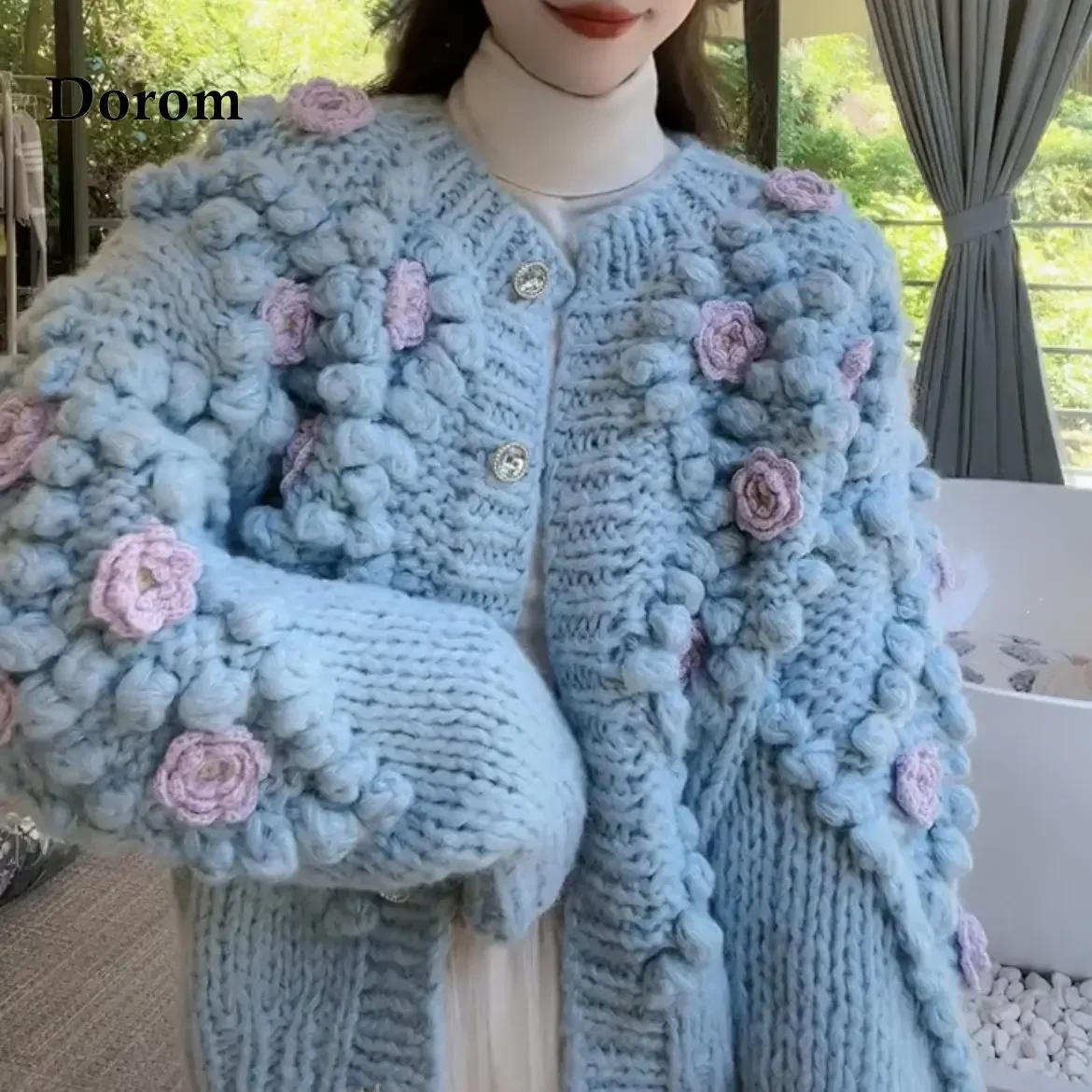 Vintage Flower Crochet Knitted Cardigan Women Autumn Japanese Lantern Sleeve Loose Sweater Coat Thick Warm Casual Knitwear Top