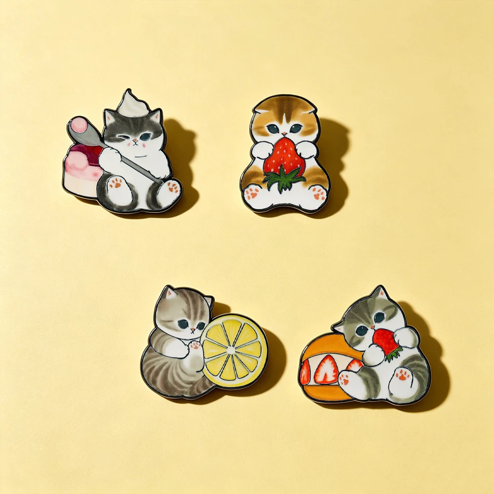 4 pcs Cat Fruit Enamel Pins  Lemon  Brooch Badge Cartoon Animal Jewelry Gift for Children Friends