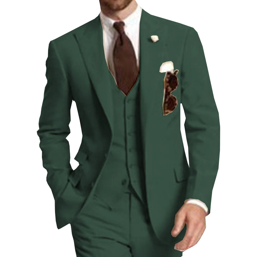 

Men Suit 3 Pieces Green Peaked Lapel Solid Business Casual Fit Wedding Party Groom Tuxedos Jacket Pants Vest