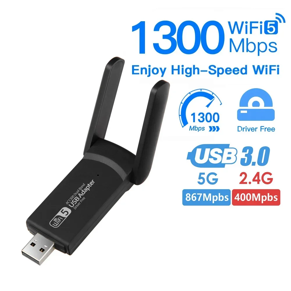 1300Mbps USB WiFi Adapter AC1300 WiFi 5 Ethernet Network Card Dual Band 5G 2.4G USB3.0 WiFi Dongle for PC Laptop WiFi Receiver