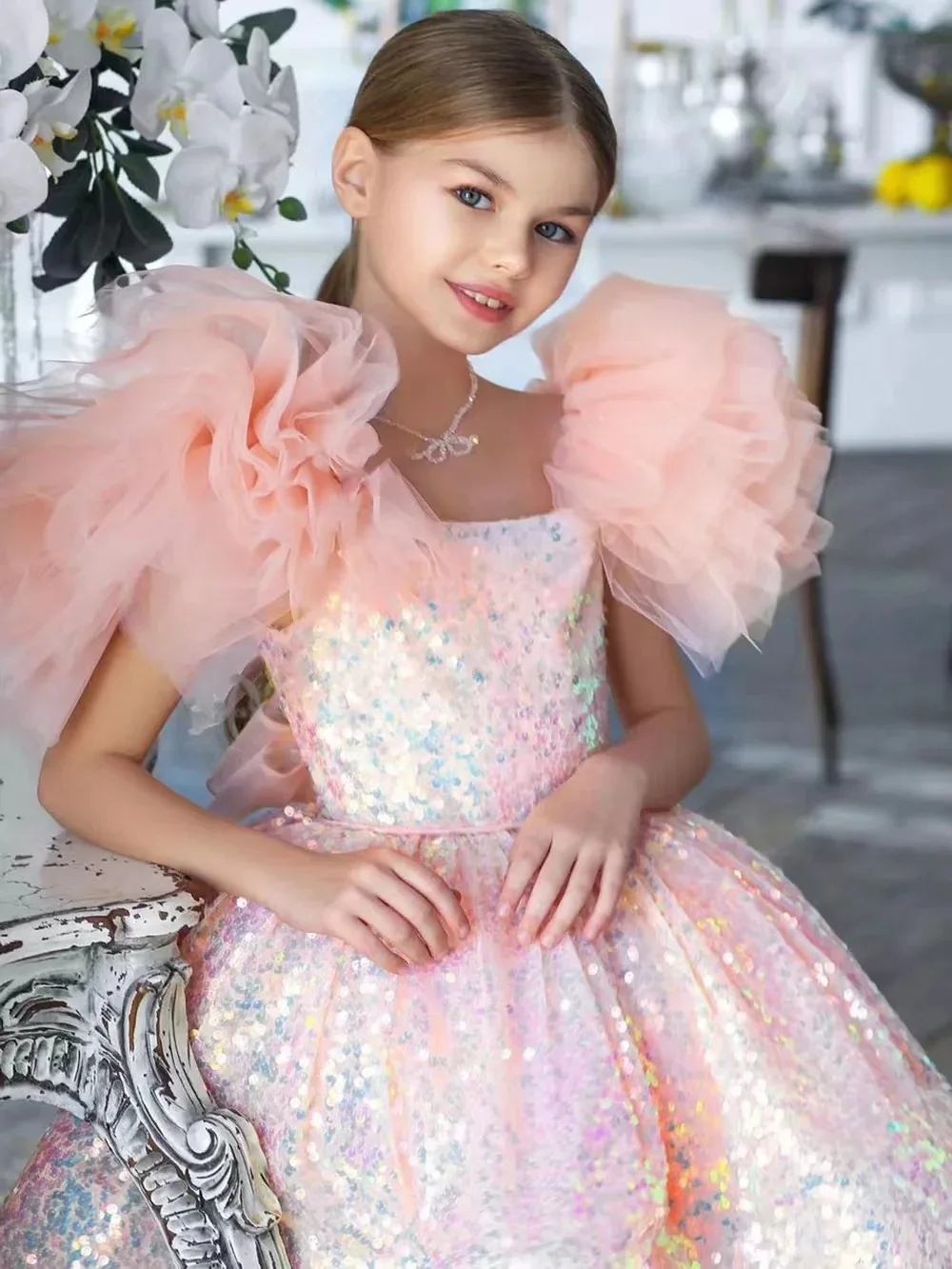 Glitter Rosa Blume Mädchen Kleid Rüschen Kurzen Ärmeln Scoop Neck Nette Baby Mädchen Tutu Party Kleid Kurz Graduation Kinder Prom kleid