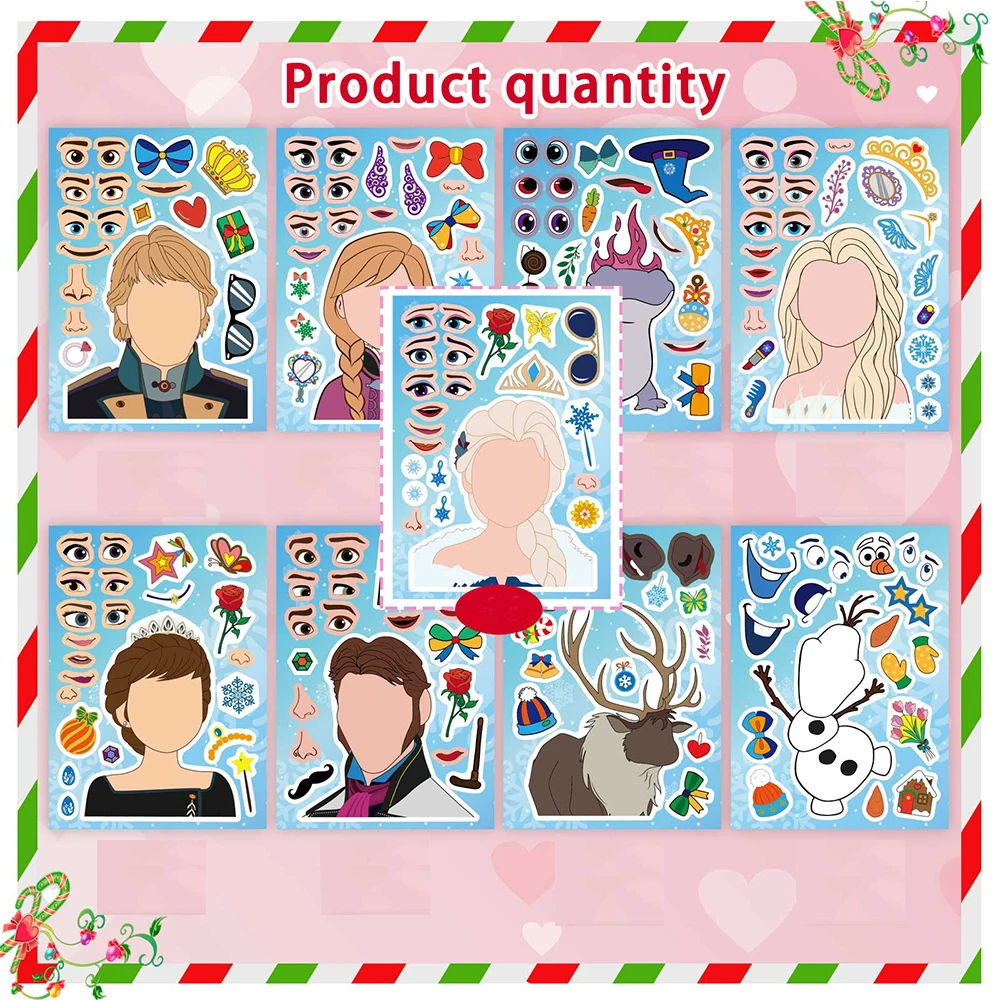 9/18foglio Disney Cartoon Anime Frozen Princess Puzzle adesivi Crea una faccia Gioco fai da te Decalcomania Cute Kids Jigsaw Education Sticker