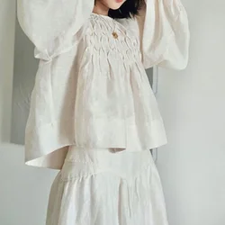 Kuzuwata Summer French Style Solid Color Blouse Pleated Design Fashion Casual Shirt Japan Sweet O-neck Long Puff Sleeve Tops