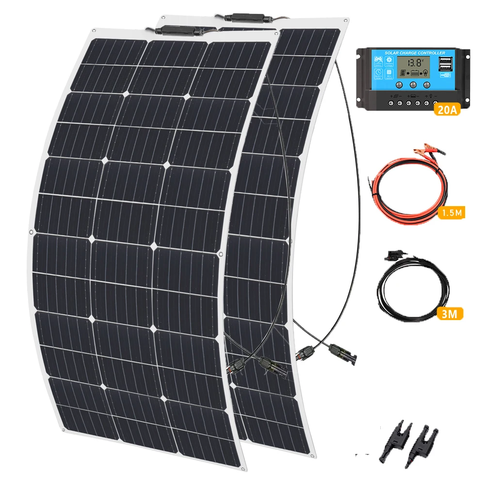 Flexible Solar Panel kit 200W 12V Thin Semi-Flexible 2x100W(200W) 19.8V Solar Panels Lightweight Monocrystalline for Caravan RV