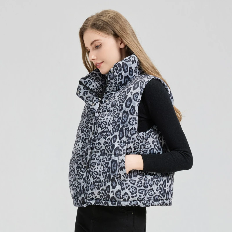 European American Style Leopard Print Vest Cotton Padded Jackets Autumn Winter Women's Sleeveless Stand Collar Down Waistcoat