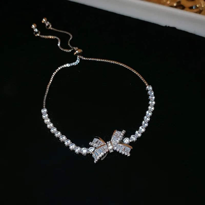 Super Flash Zircon Bow Adjustable Bracelet for Women French Light Luxury Versatile Bracelets Simple New Trendy Jewelry Wedding K view 2