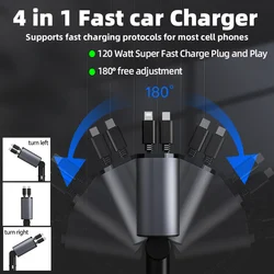 120 Watt Car Charger 4in1 Retractable Car Cigarette Lighter Adapter USB Type C Super Fast Charger Swivel High Compatibility