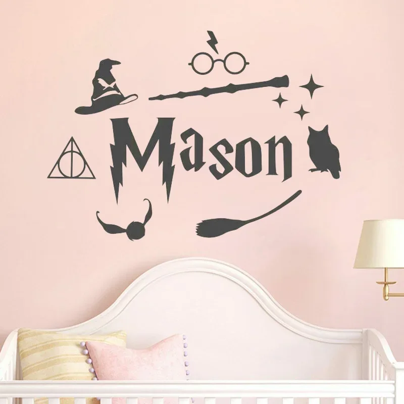 Fashion Custom Glasses Magic Wand Wall Stickers Kids custom name Nursery vinyl Wall decal For Kids Room decor Removable Z269