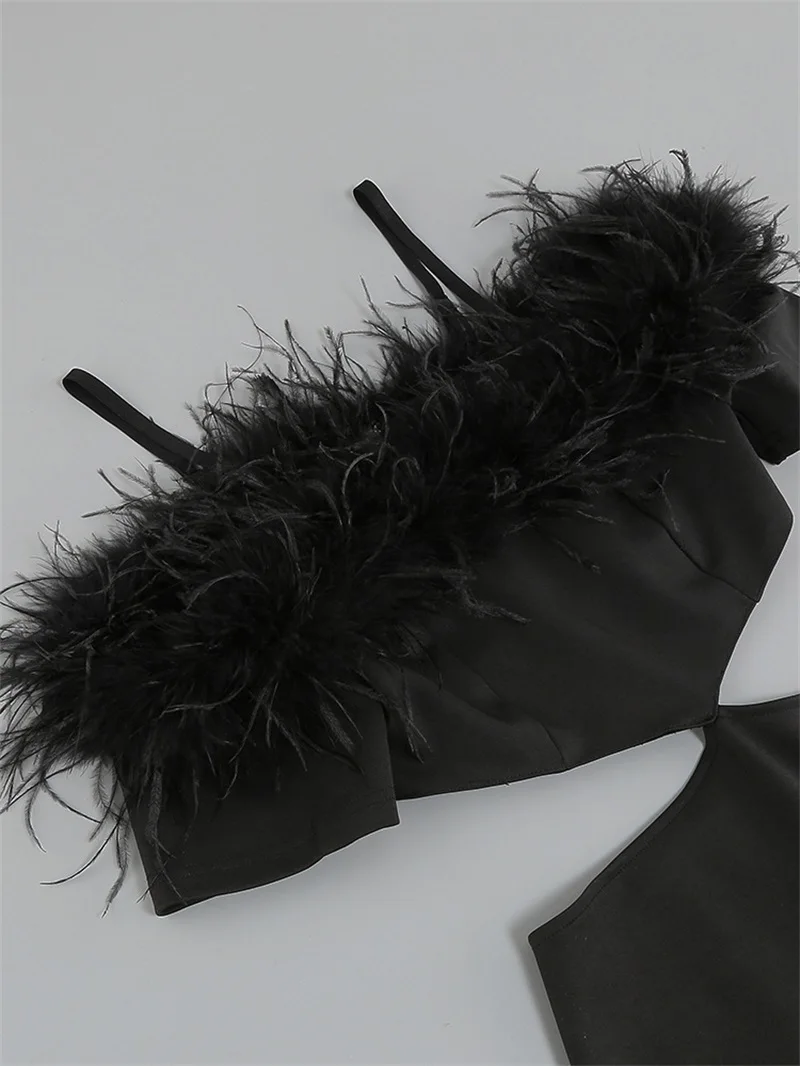 Robe de Soirée Longue Noire en Plumes d'Autruche pour Femme, Tenue de Bal Luxueuse avec Bretelles Ajourées