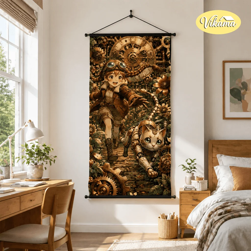 VIKAMA Steampunk Clockwork Anime Tapestry Wall Hanging Gear Flower Mechanical Bird Wall Art for Bedroom Home Decor Dorm