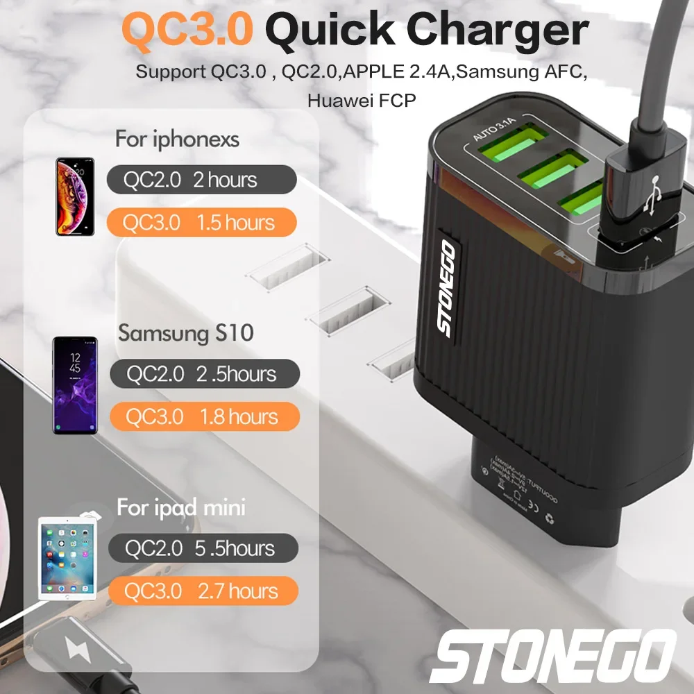 STONEGO 31 واط محول شاحن السفر 4-Port USB الجدار شاحن مع QC 3.0 شحن سريع ملحقات الهاتف للهواتف الذكية الاتحاد الأوروبي/الولايات المتحدة التوصيل