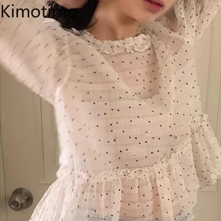 

Kimotimo Sweet Fungus Edge Polka Dot Chiffon Blouse Women Autumn New O-neck Sheer Long Sleeve Ruffle Tops Fairy Fashion Shirt
