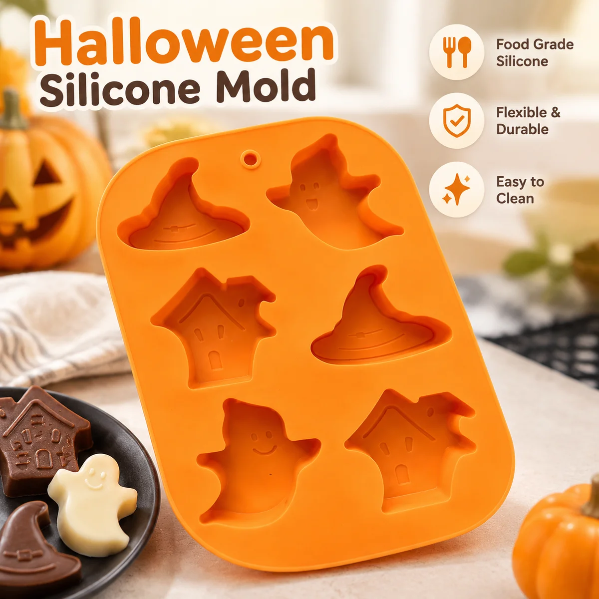 6-Cavity Halloween Silicone Mold Orange Ghost Witch Hat Haunted House Tray for Chocolate Jelly Cookies and Mini Cakes