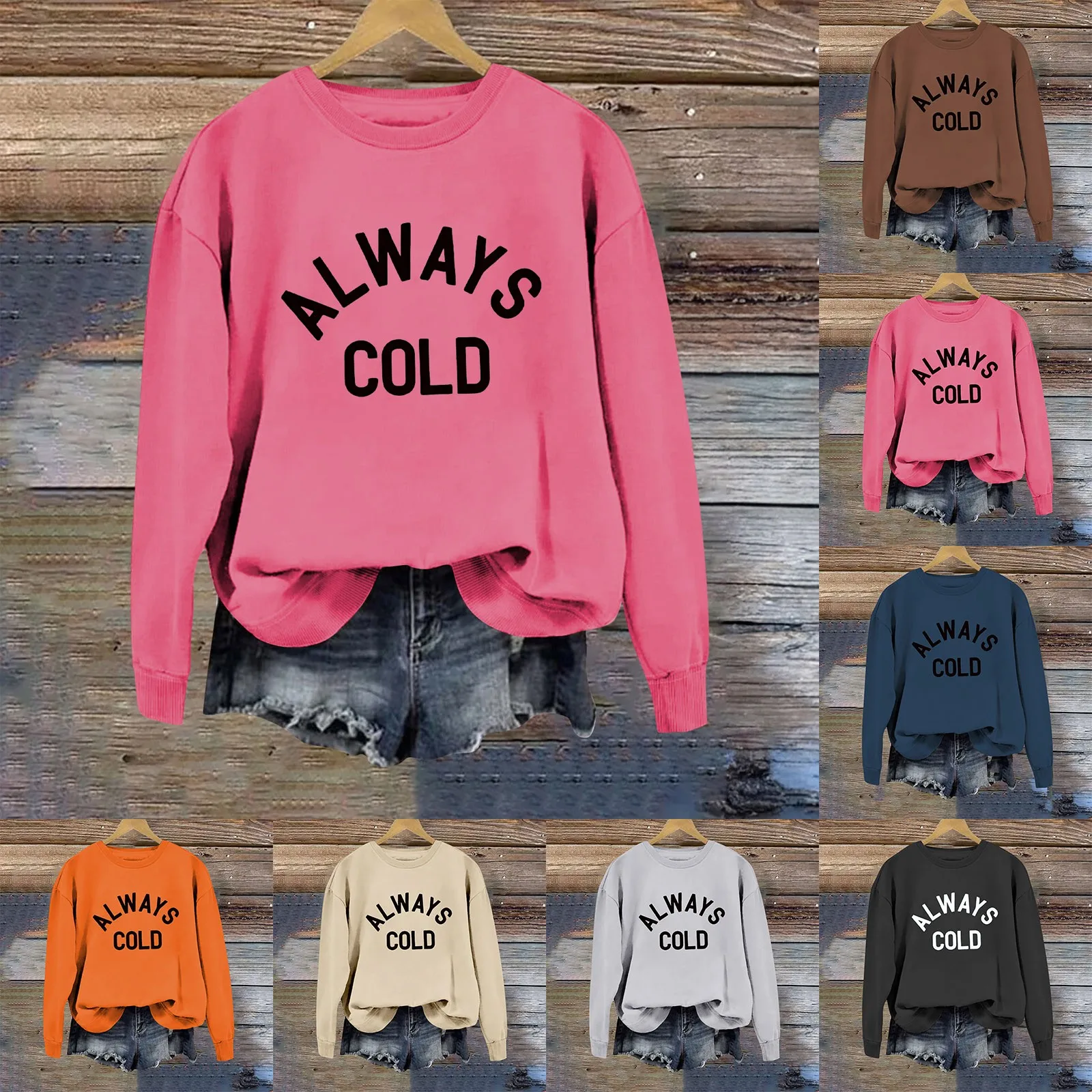 Women's ALWAYS COLD Letter Casual Loose Round Neck Long Sleeve Hoodless Sweatshirt Crop Sweater Women Jacket Active Wear Women