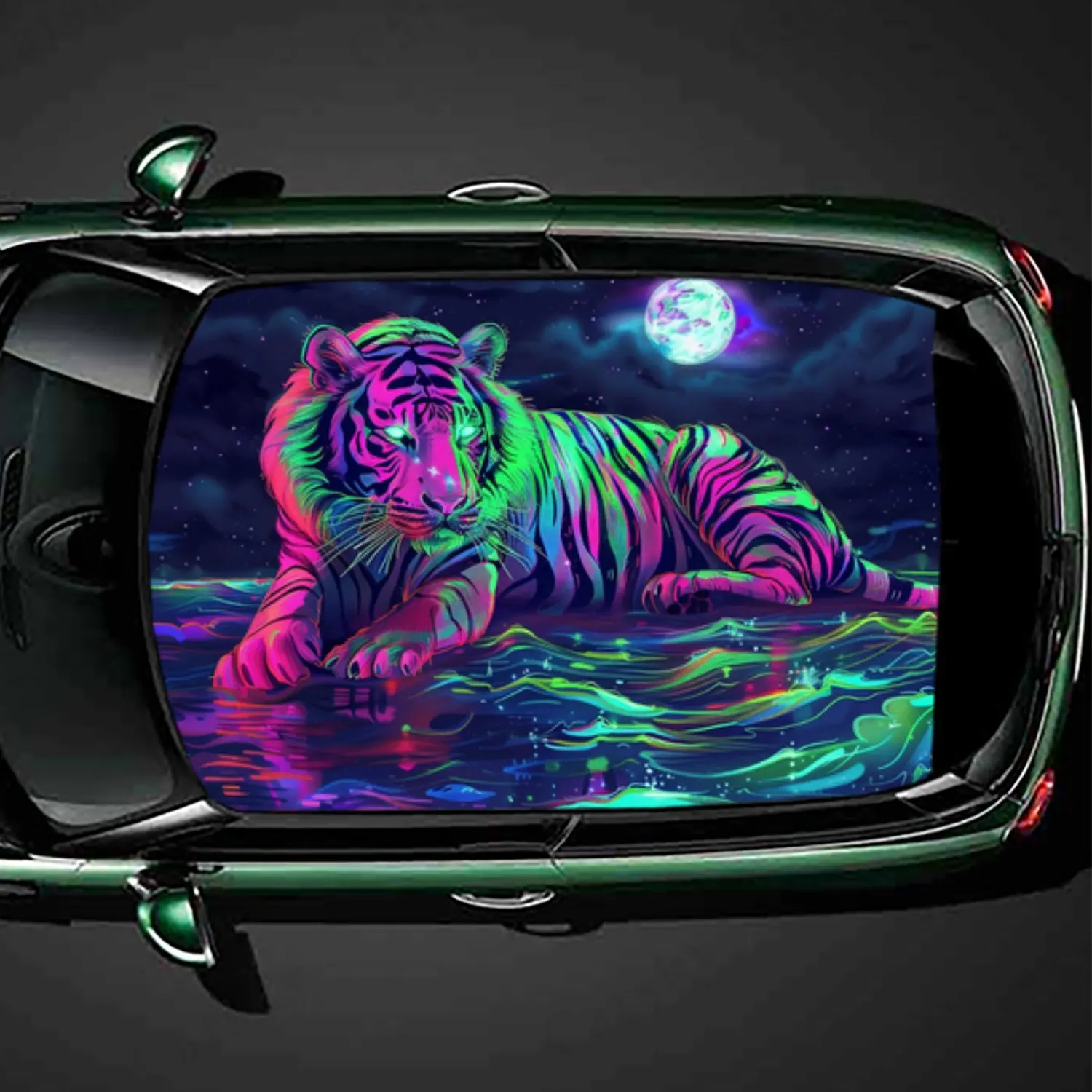 Neon Tiger with Moon  Stars Car Roof Sticker PVC Self Waterproof stick , Striking Auto Exterior Accessories Decoration Protect G