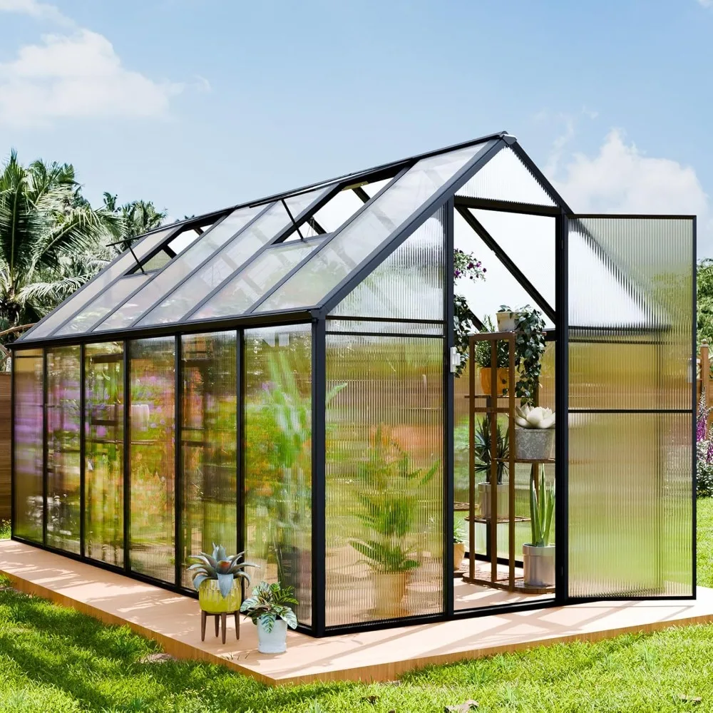 12.4x6.2 FT Polycarbonate Greenhouse Outdoors, Aluminum Greenhouses kit Rain Gutter, 2 Vents and Lockable Door, -in Green House