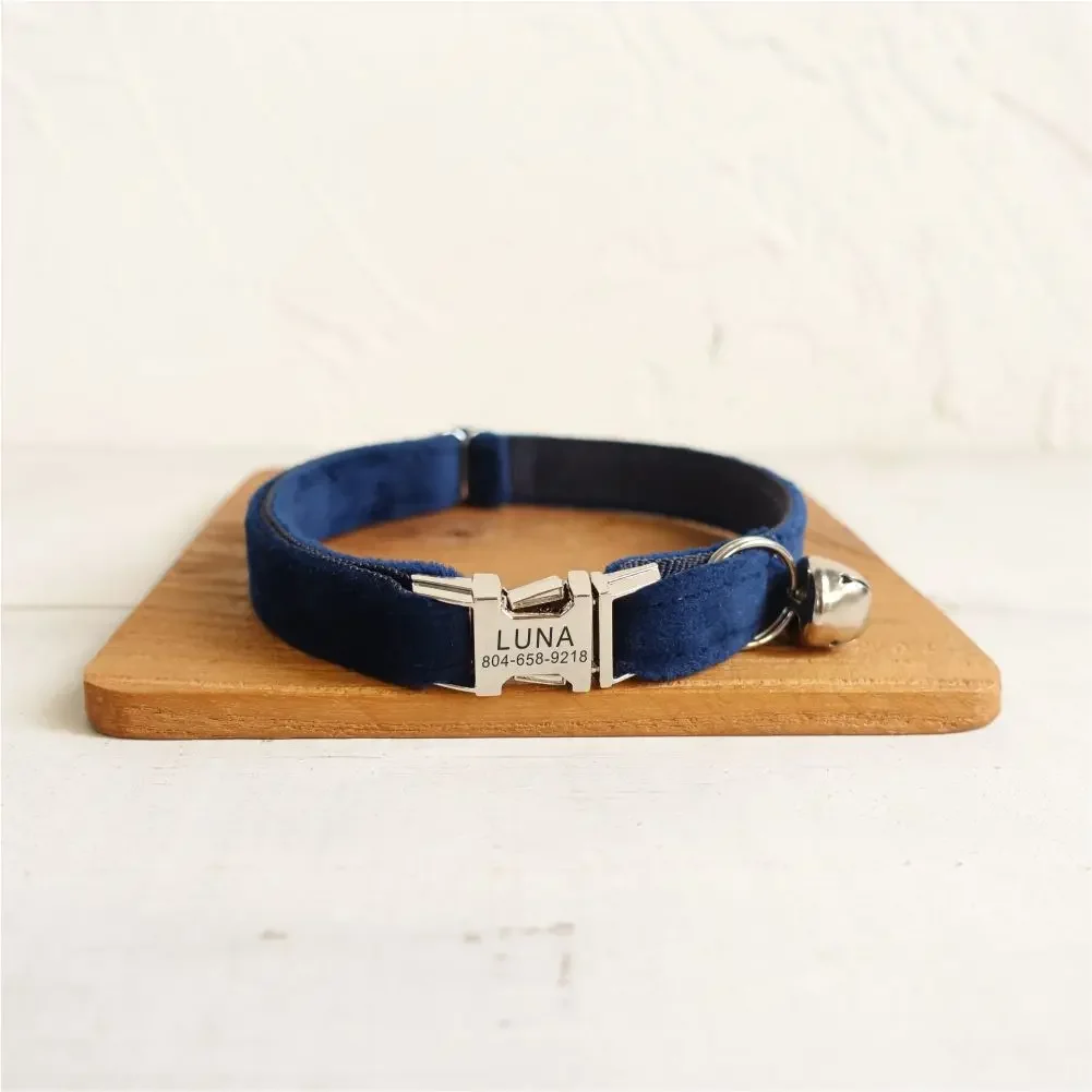 

Personalized Cat Collar with Free Engraving, Matching Pet Leash,Customzied Contacts Metal Buckle, Dark Blue Velvet Pet Collar