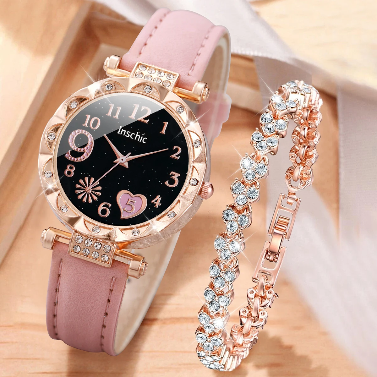 2PCS/Set Fashion Heart Dial Women\'s Watches Leather Band Quartz Watch Rhinestone Bracelet Set