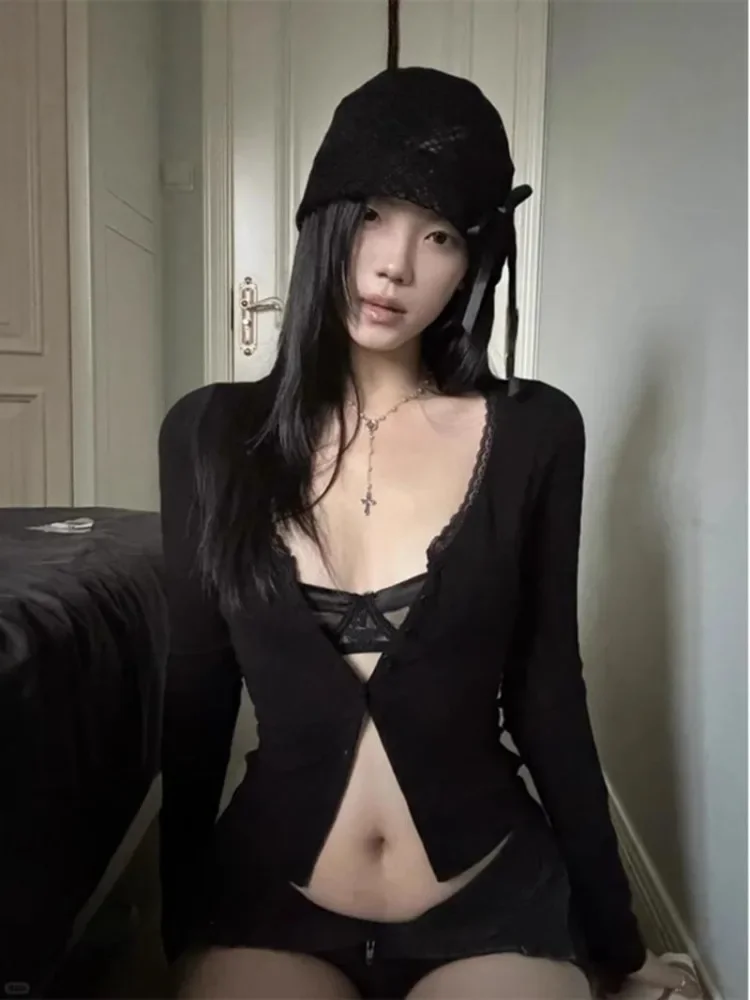 

Милые сексуальные кружевные однобортные футболки с v-nek Y2k, черный топ с длинными рукавами для женщин, новинка лета 2025, облегающие футболки