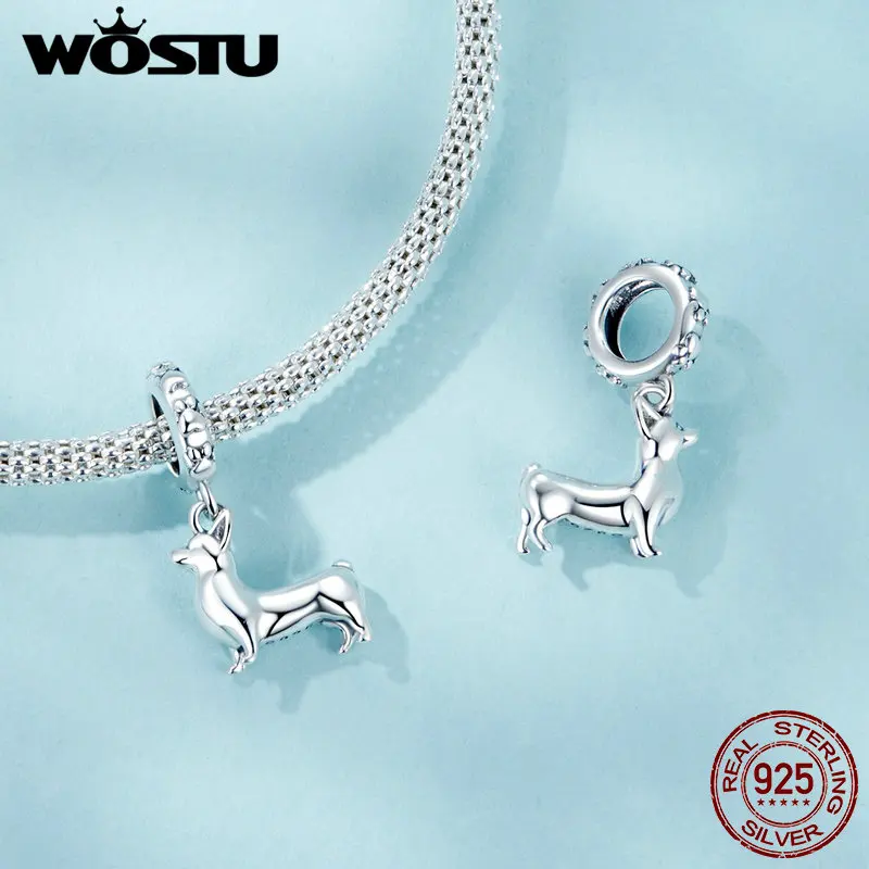 WOSTU 925 Sterling Silver Corgi Dog Charm Dachshund Pendant Fit Original Bracelet Necklace Special Girl Birthday DIY Gift