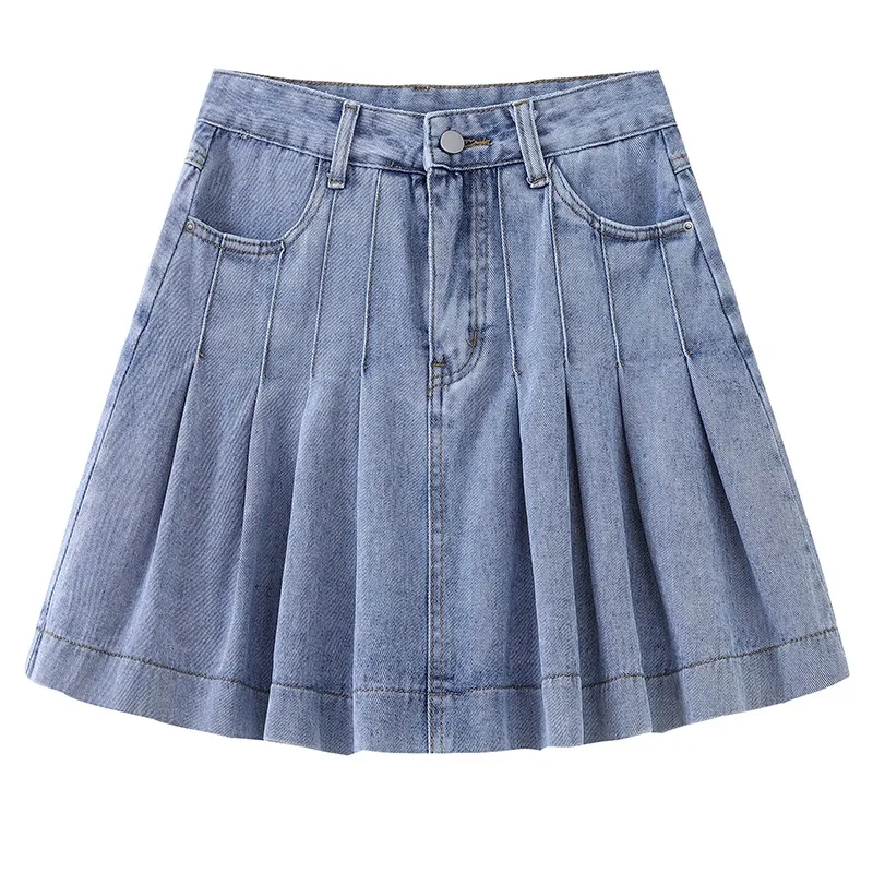 Retro Summer Blue Denim Holidays Pleated Mini Skirt Women's Thin Cake Washing Water High Waist Summer Short Skirt Large Size