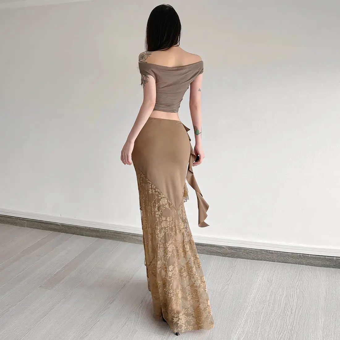 French Vintage Brown Irregular Lace Splicing Lotus Leaf Skirt Female Bodycon Hip Sexy Maxi Jupe Mujer Costume A-line Faldas