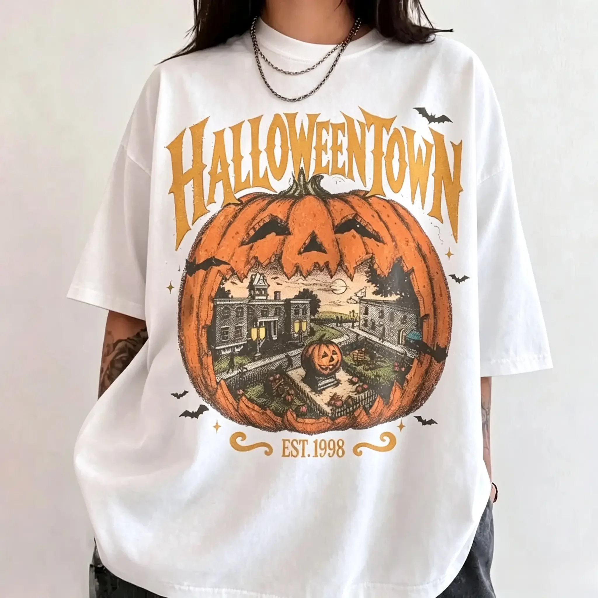 Halloweentown Est 1998 Casual Round Neck Top - Halloweentown University Retro Graphic Tee, Sporty Chic Cute Fall Sports Top