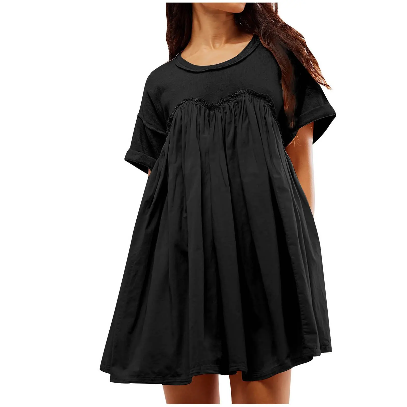 2024 Summer Vacation Style Lotus Leaf Short Skirt High Waist Casual Round Neck Short Sleeve Black Pleated Mini Dresses For Women