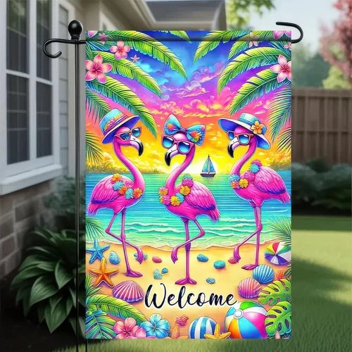Welcome Flamingo Summer Garden Flag 12X18 Double Sided Tropical Leaves Outside D TTP AAL HHM WZZ