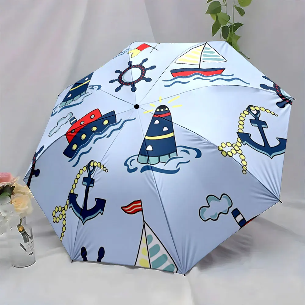 1PC Colorful Nautical-Themed Umbrella with Boats and Anchors Print 8 Iron Ribs Folding Umbrella Auto-Open Fashion Sunshade