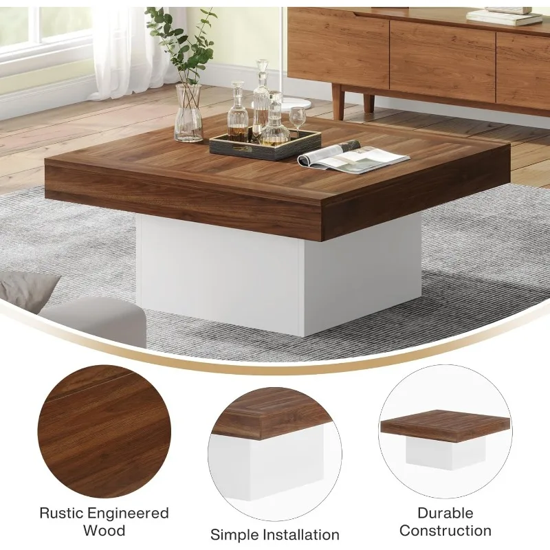 Tavolino da caffè Tavolino quadrato a LED Tavolino basso in legno ingegnerizzato per soggiorno (marrone retrò+bianco)