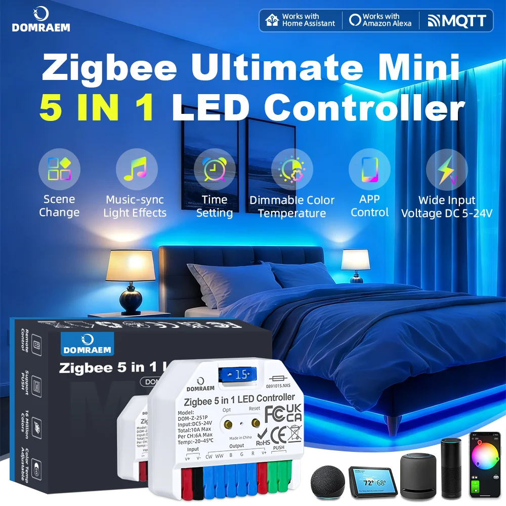 DOMRAEM Zigbee3.0 Ultimate Mini 5-in-1 LED Controller External Removable 15A Fuse RGB RGBWCCT APP Voice Control ZigBee2mqtt Hu*e