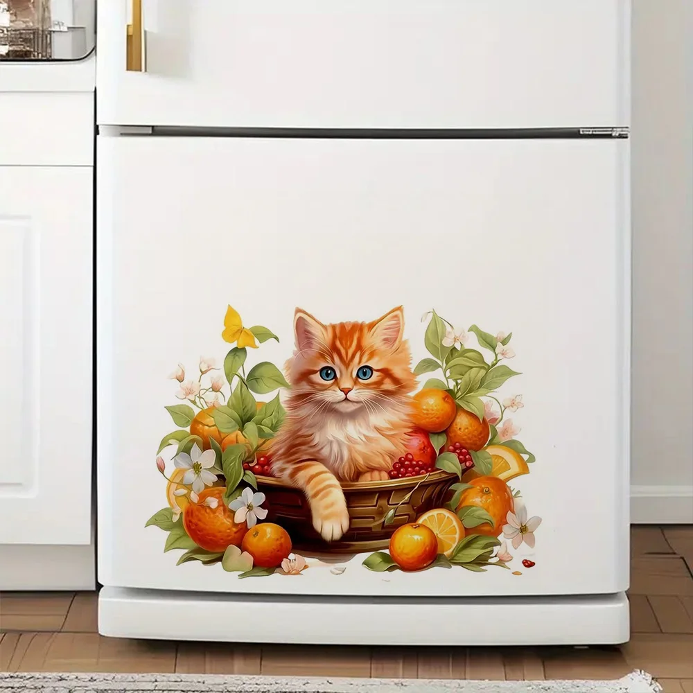 

Adorable Orange Kitten with Fruit Basket Self-Adhesive Stickers, Bedroom Entryway Living Room Porch Home Decoration Wall Sticker