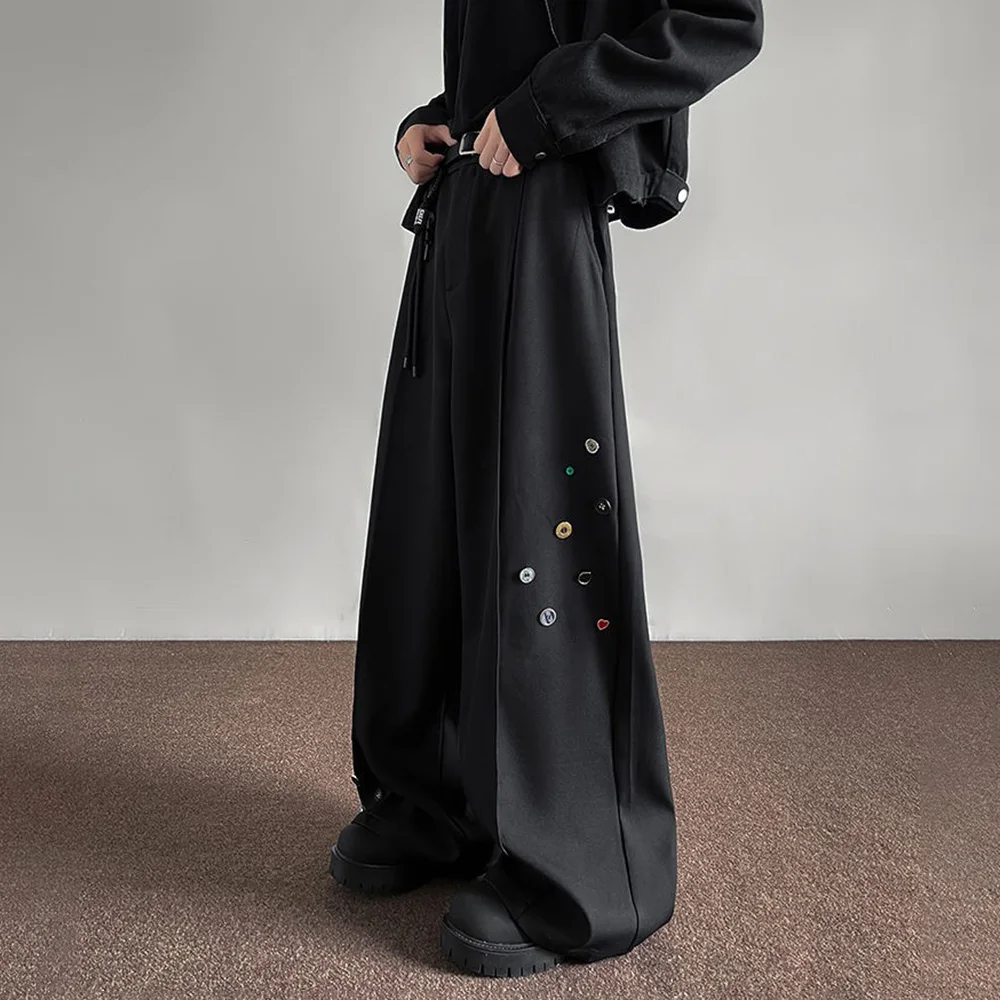 남성 바지 단추 장식 얇은 캐주얼 바지 봄 가을 거리 착용 패션 청소년 캠퍼스 넓은 다리 바지 남성복 2025
