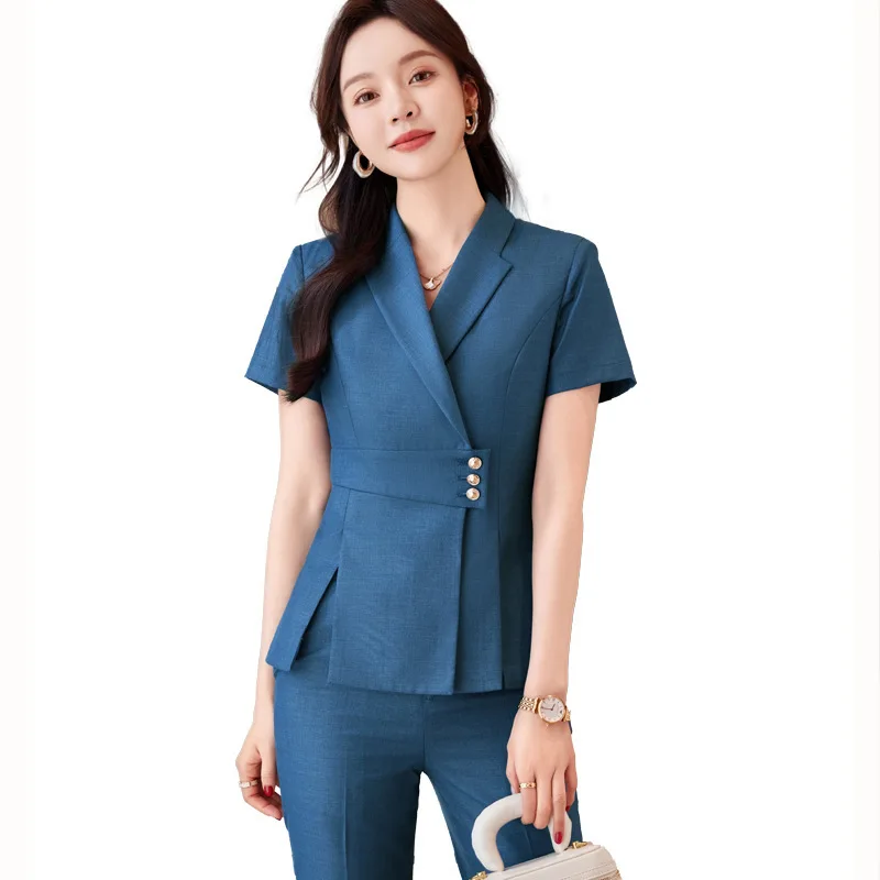 Summer Fabric Professional Women Business Suit with Pants and Jackets Coat Pantsuits Blazers Ladies Work Wear Trousers Set