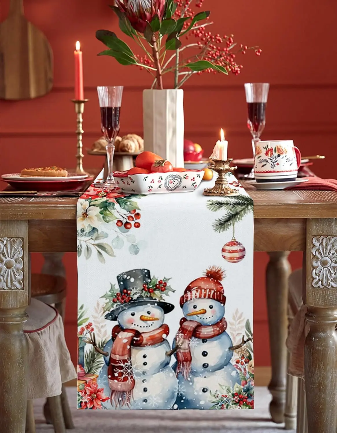 Christmas Poinsettia Snowman Ball Linen Table Runner Table Decor Winter Xmas Snowflake Table Runners Holiday Kitchen Party Decor