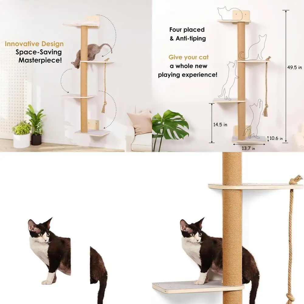 

4-Tier 50 Indoor Cat Wall Tree with Scratch Post, Soft Pads, and Cushion for Active Feline Play